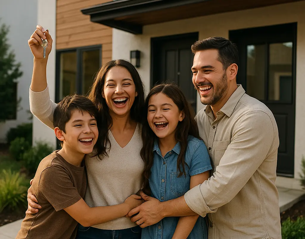 Familia hispana feliz frente a casa en venta en Florida, mapa con ciudades principales